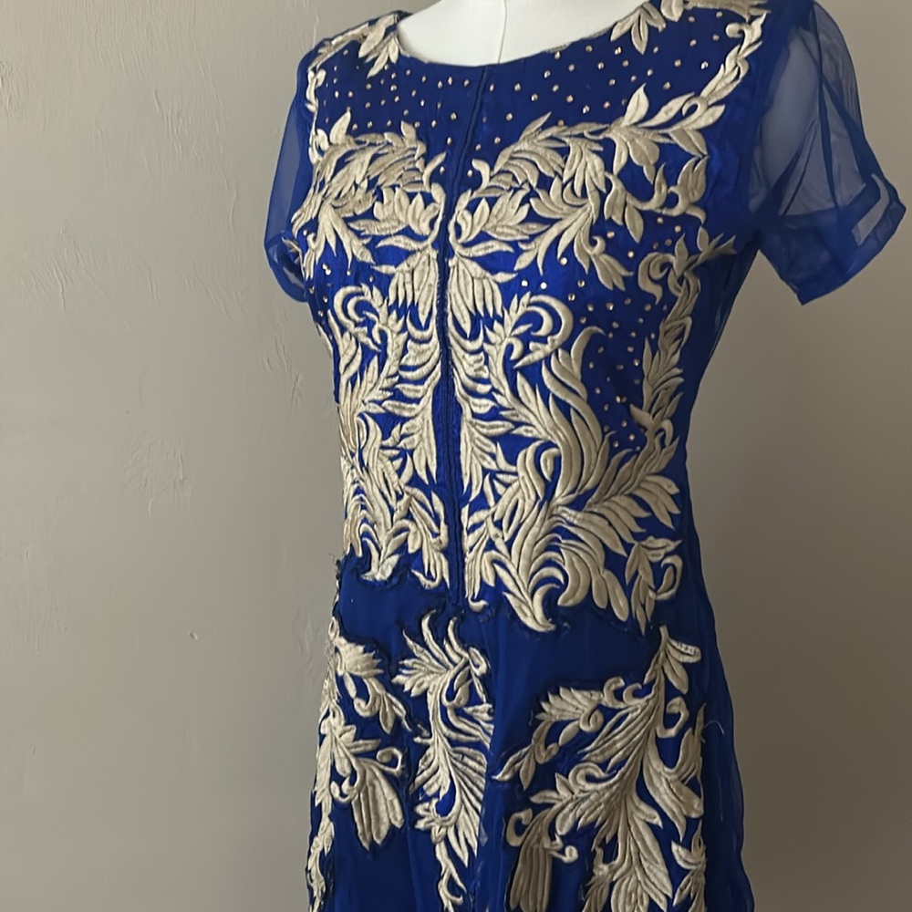 Blue and Gold Fit and Flare Prom Dress